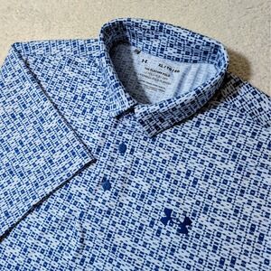 NEW! Under Armour Polo Shirt Mens XL Blue White Geometric Print Playoff Golf S/S